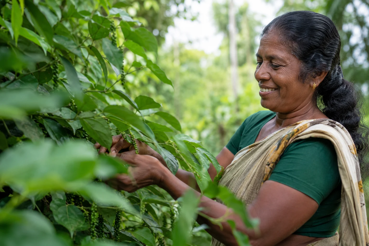Sri Lankan spice farmer harvesting cinnamon